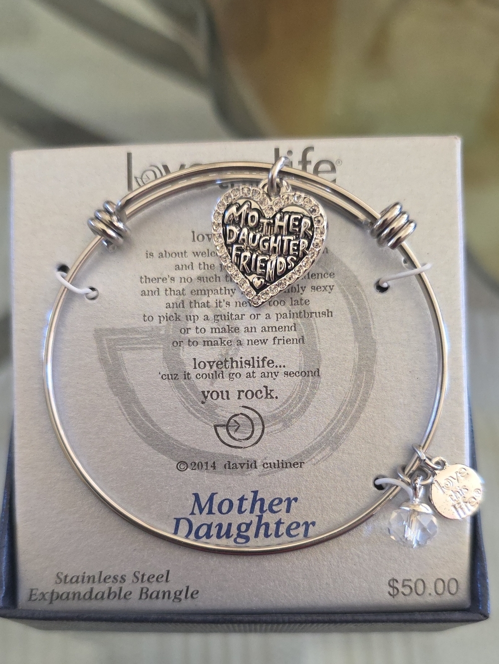 Mother Daughter Friends Heart Charm Silver Expandable Bangle